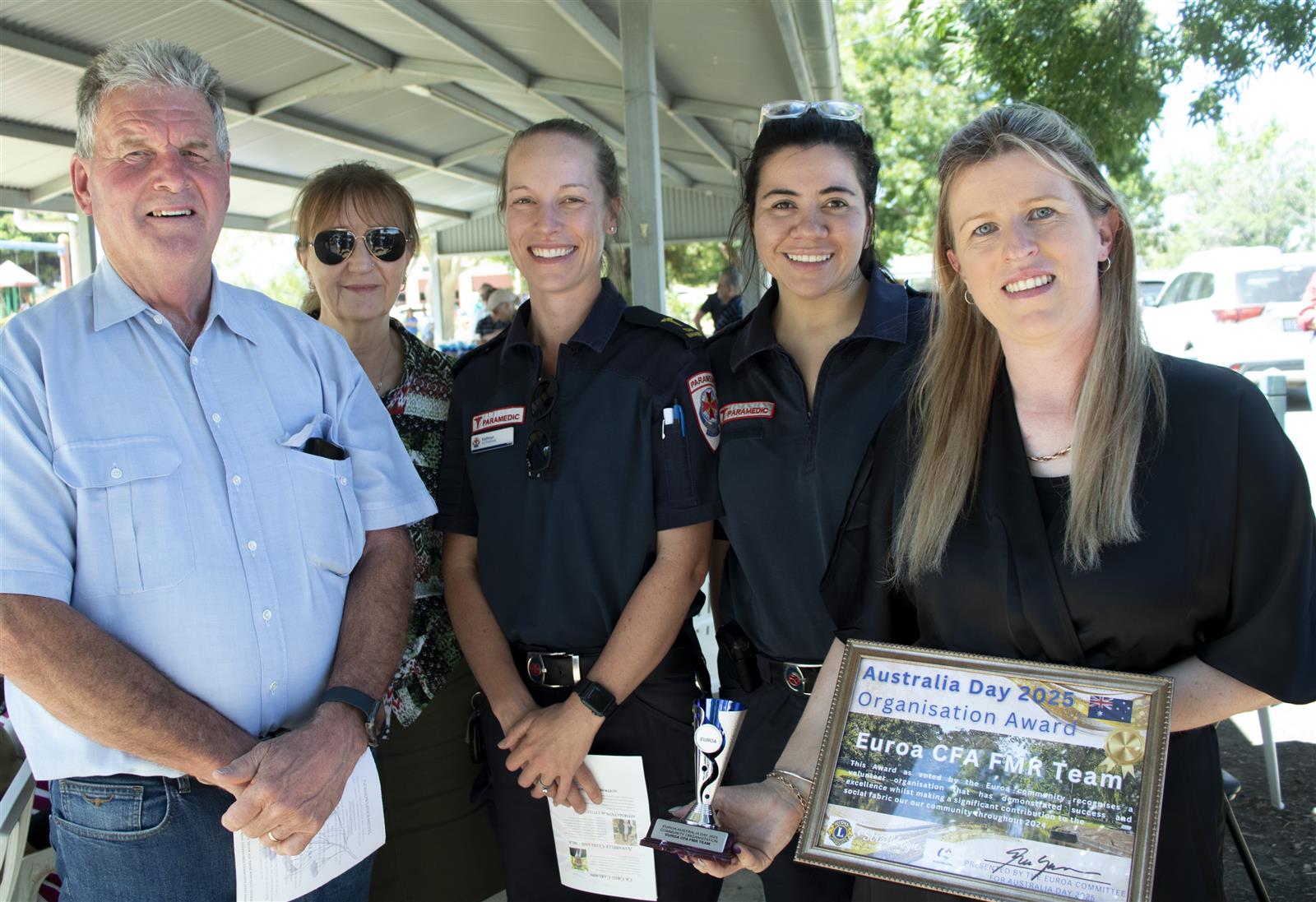 Euroa brigade member Neville Mawson with State Member for Euroa Annabelle Cleeland, and brigade member Bec Noye (with certificate)